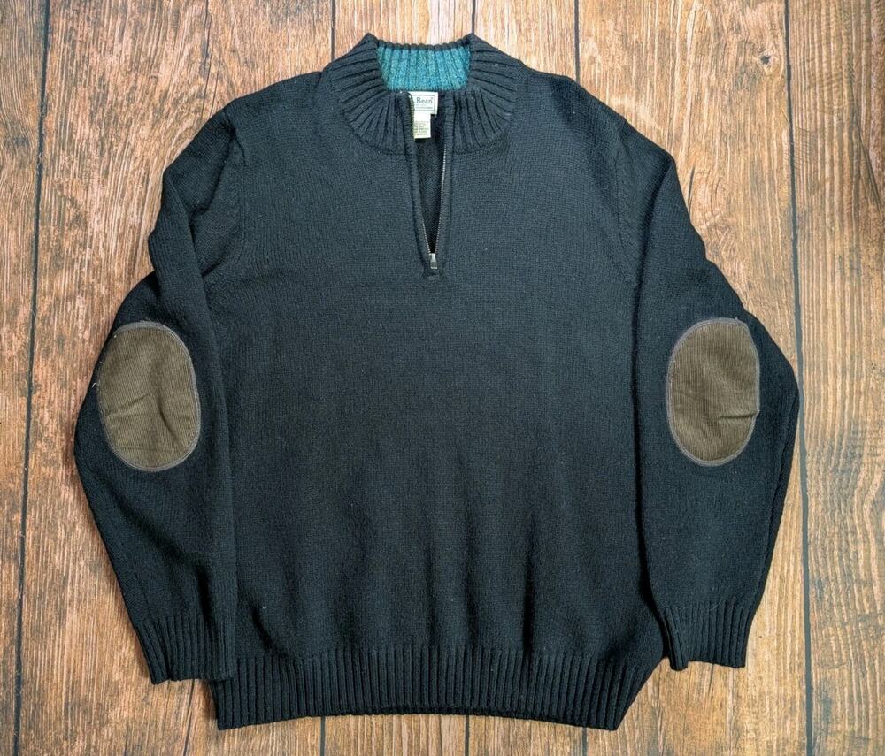 L.L. Bean Quarter Zip Sweater Mens XL Black 100% Wool Elbow Patches